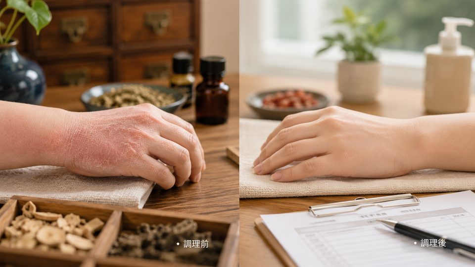 手部湿疹·富贵手中医调理前后对比示意图,左调理前粗糙泛红、右皮肤改善