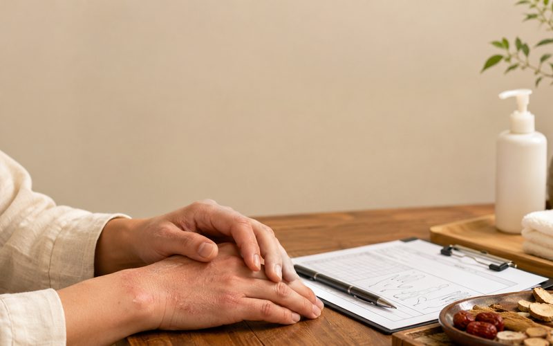 手部湿疹·主妇手中医调理案例：双手放于诊桌旁有病历与护理用品