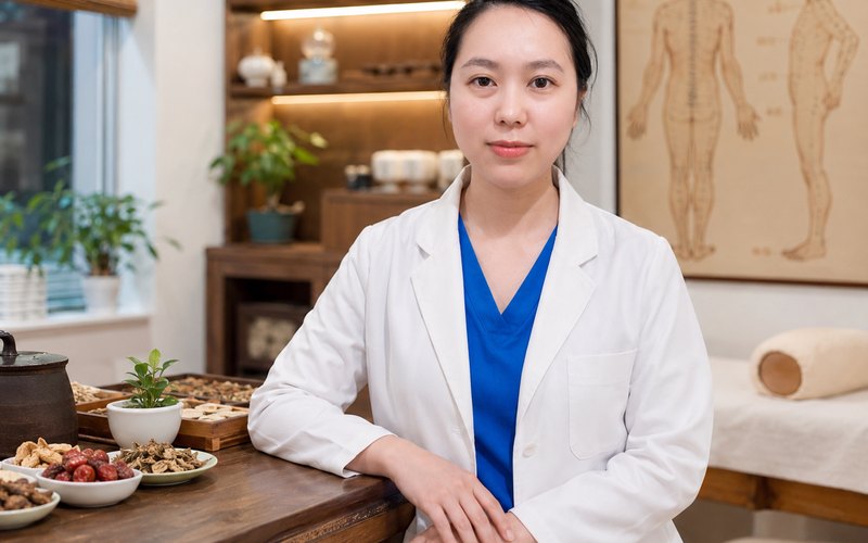 湿疹不用激素能改善吗——华仁堂张美茹中医师立于中药柜与针灸经络挂图前