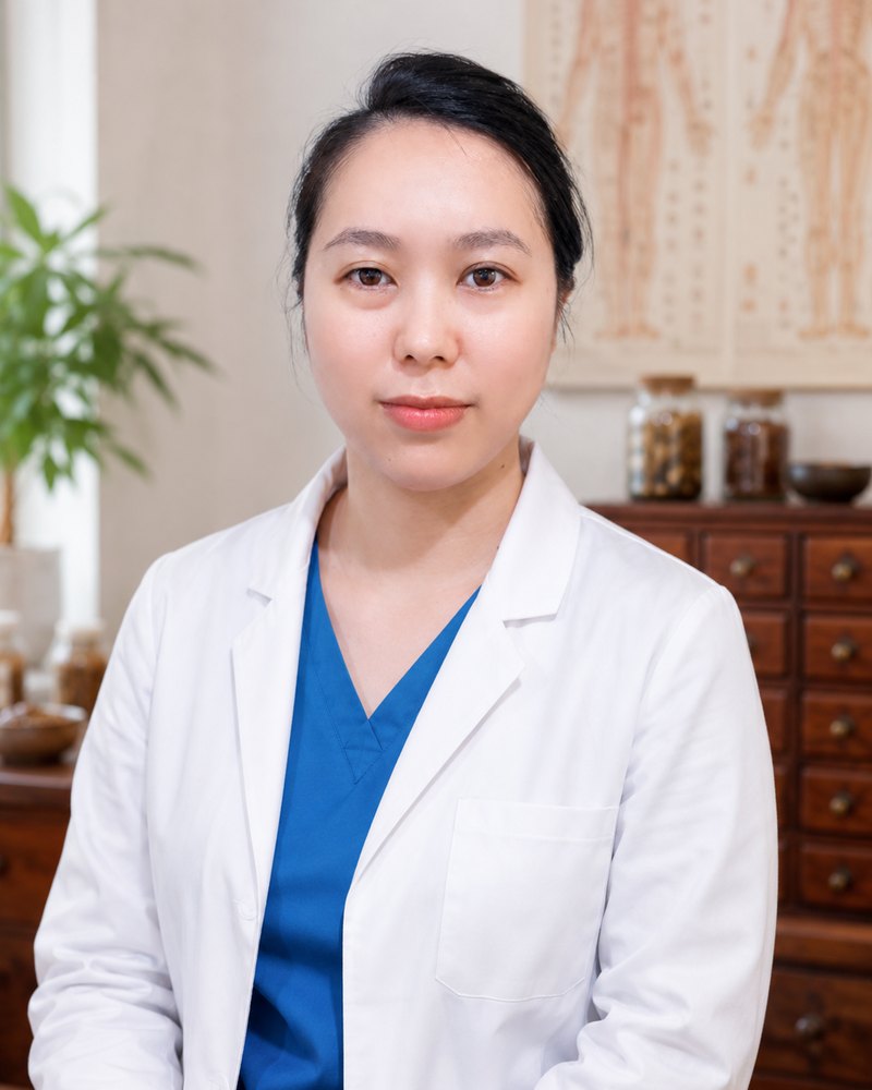 纽约中医治湿疹专家·法拉盛湿疹专科张美茹医师身着白大褂坐于诊室经络挂图前