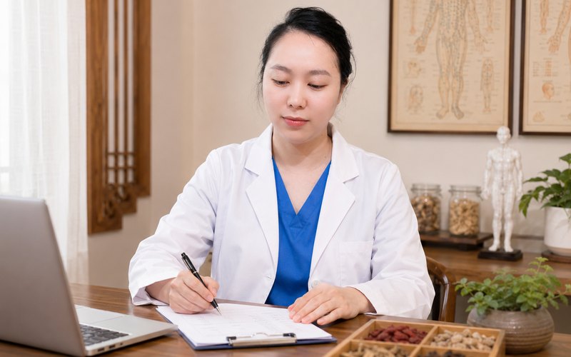 纽约华人湿疹诊所张美茹中医师伏案为患者辨证开方