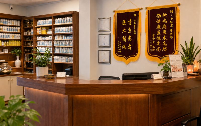 皇后区湿疹中医华仁堂中药房与前台，整齐的中药材柜